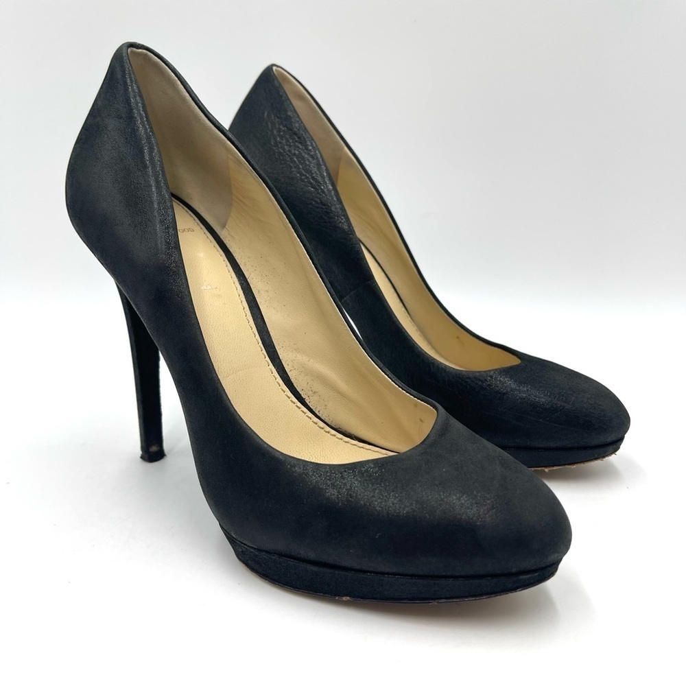 Brian Atwood Frédérique black satin suede round toe heels size 8.5